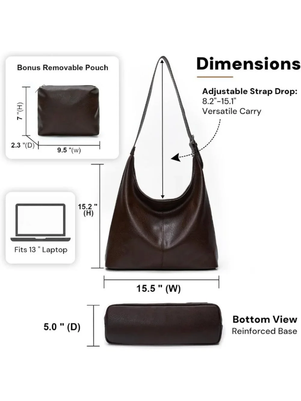 Soft Vegan Leather Slouchy Hobo Tote Bag for Women with Pouch & Adjustable Strap